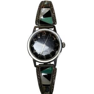 Vintage Turquoise Onyx abalone sterling watch band USA Croton reliance 21 jewels